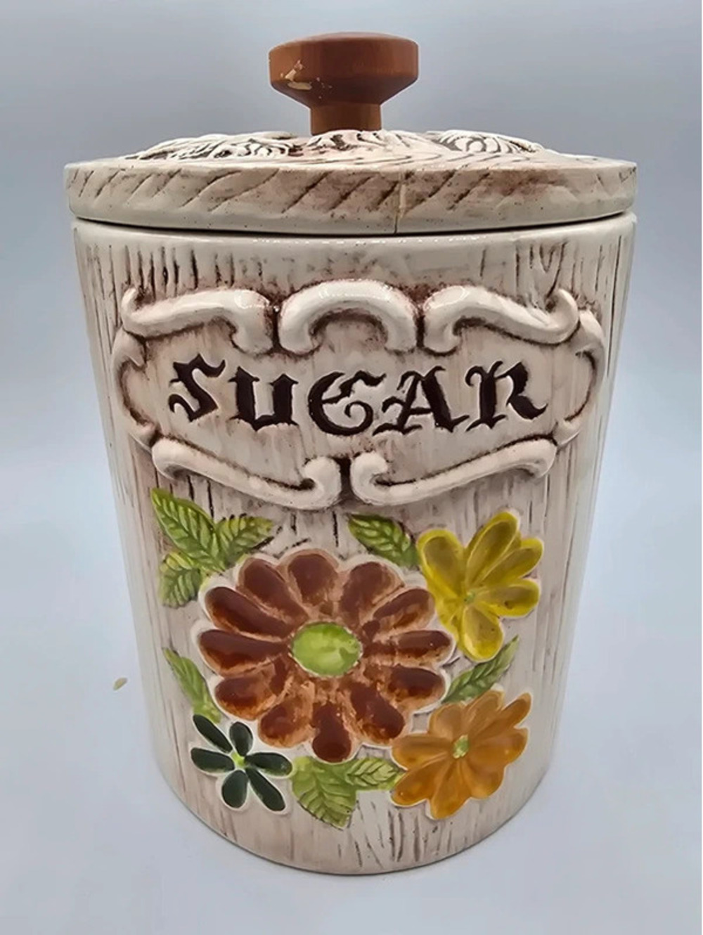 Vintage Treasure Craft ceramic faux-wood grain Sugar canister